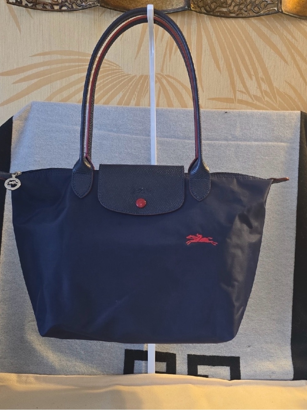 Longchamp Navy Le Pliage Tote Red Trim Nylon Shoulder Bag Medium - GUC